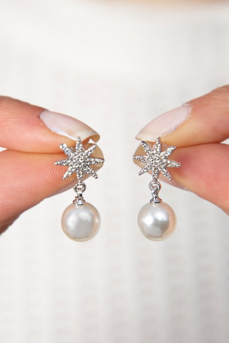 Heliophilia Silver Pendientes de Metal con Perla y Estrella Plata